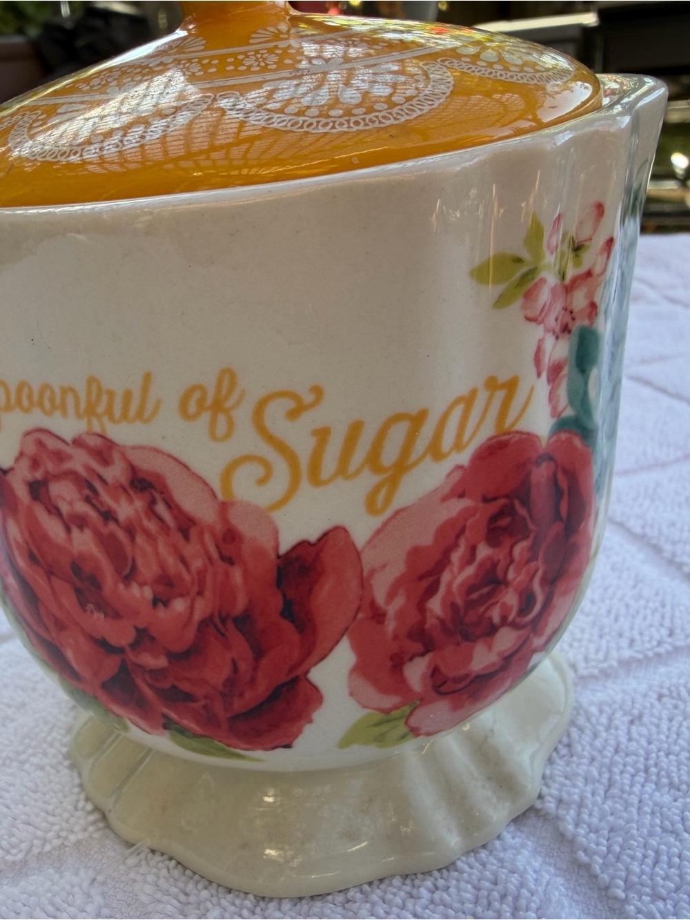 The Pioneer Woman Floral Sugar Bowel with Yellow Lid and Pink Roses